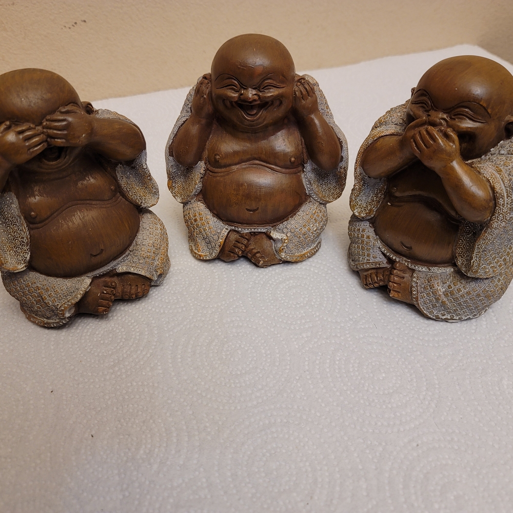 Set of Three Buddha Figurines. See , Hear, Speak No Evil. Made Of Resin.